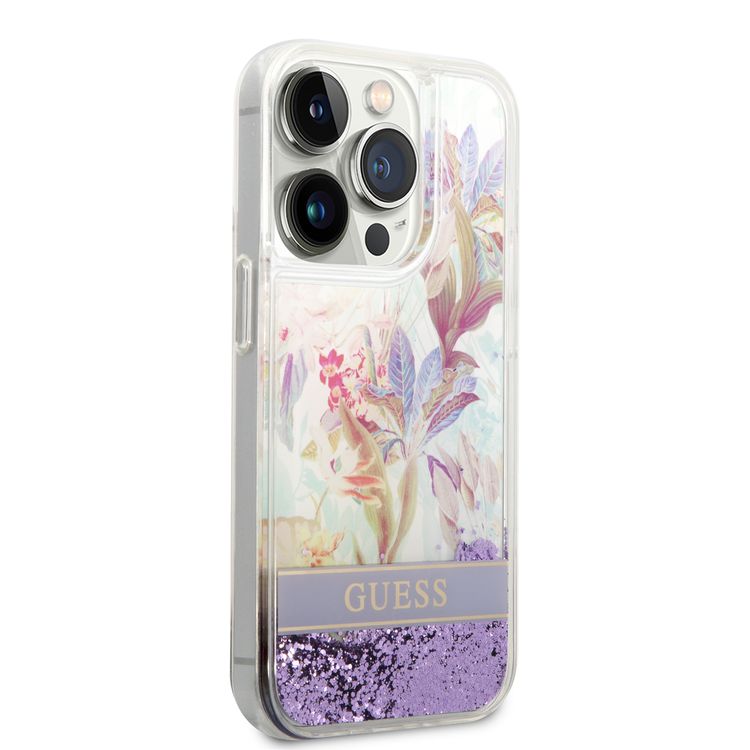 Guess Liquid Glitter Case with Flower Pattern Extra Shine Smooth Touch Feel iPhone 14 Pro Max Compatibility - Purple