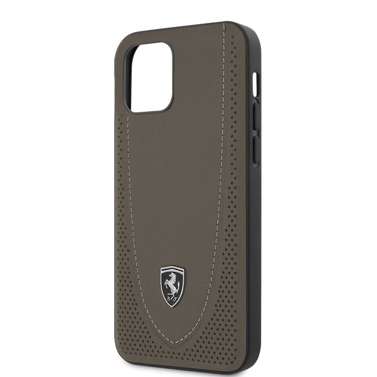 Ferrari Off Track Genuine Leather Hard Case with Curved Line Stitched and Contrasted Perforated Leather for iPhone 12 / 12 Pro (6.1") - Brown