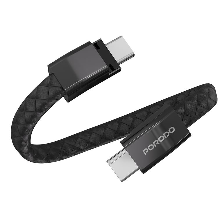 Porodo USB-C to USB-C Wristband Cable with Magnetic Steel Clasp, 60W Power Delivery, 480Mbps Data Transfer Speed, Wearable Design, 20cm Cable Length, PU Leather & Zinc Alloy Material - Black