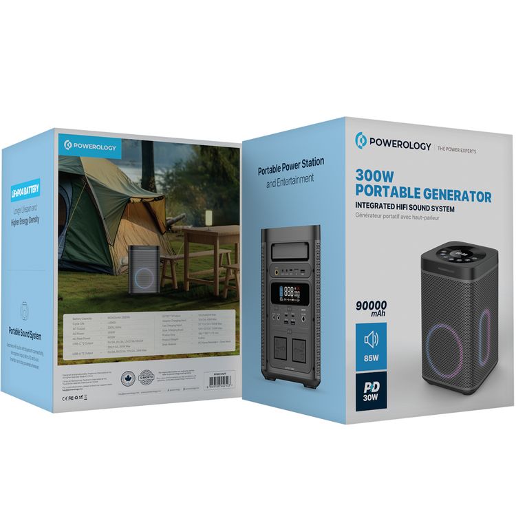 Powerology Portable Power Generator with Integrated HIFI Sound System, Dual USB-C, Dual USB-A & Dual DC Outputs, Micro SD, Microphone & AUX Inputs, 30W Power Delivery & 85W Speaker Power - Black