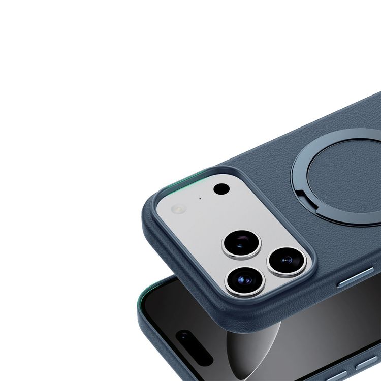 Green Lion Minster Leather MagSafe Case with Foldable Stand Design for iPhone 17 Pro, Anti-Fingerprint, 360° Rotatable Stand, Anti-Scratch, Camera Protection, Comfortable Grip - Blue