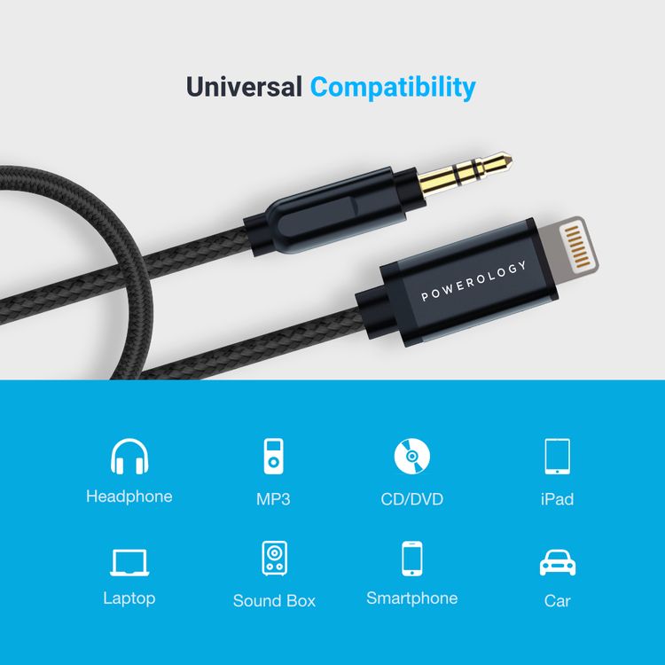 Powerology Lightning to Aux Cable with Aluminum Braided Coil, 1.2m Length, +5000 Bends Lifespan - Gray