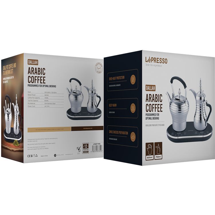 LePresso Electrical Arabic Coffee and Tea Dallah with Over-Heat Protection, 800mL Tea Pot Capacity, 750mL Coffee Pot Capacity, Simultaneous Preparation, Keep Warm   - Silver
