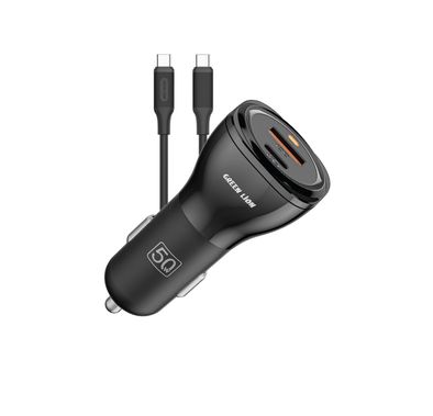 Green Lion Dual Port Car Charger with USB-C to USB-C Cable, PC Flame Retardant Material, Fast Charging, QC 20W & PD 30W Output Ports, Ultra Portable - Black