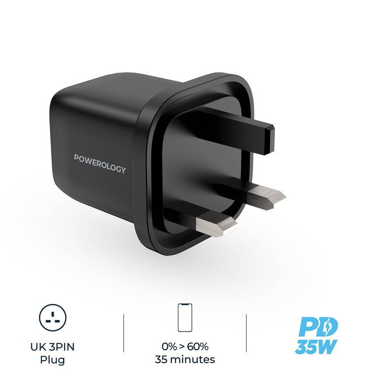 Powerology Ultra-Quick 35W GaN Charger with Type-C to Lightning Cable, 1.2m Cable Length, 35W USB-C Output, Built-in Safeguards, 0%-60% Charge in 35 Minutes - Black