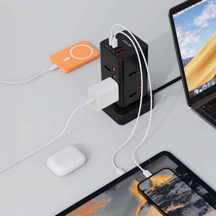 Green Lion Power Tower 2500W Universal Power Strip, Vertical Design with 8×AC Outlet Sockets, 2×Type-C & 2×USB-A Ports, 20W Power Delivery, Built-in Overload & Surge Protection, UK 3-Pin Plug with 2m Cord Length, Multi-Device Charging – Black