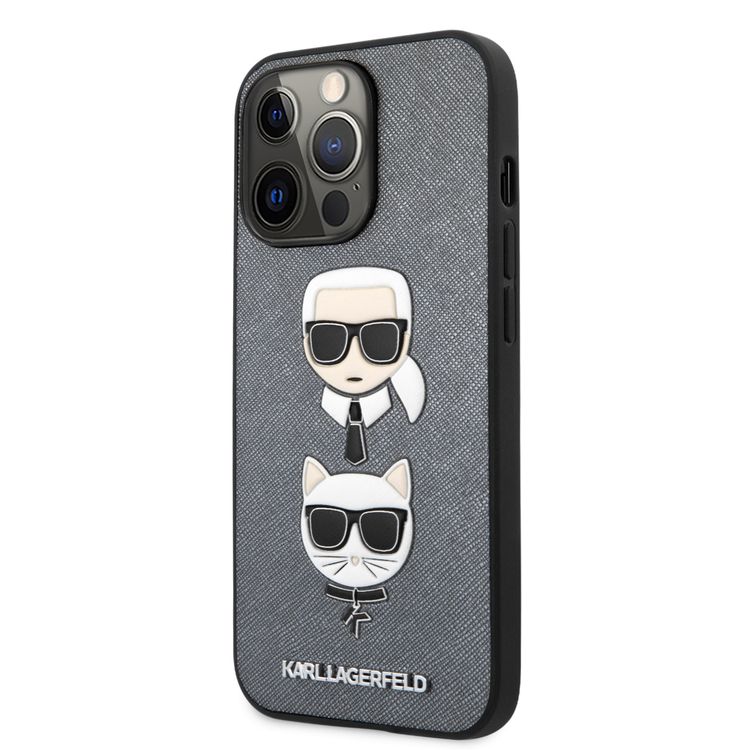 CG MOBILE Karl Lagerfeld PU Saffiano Case with Embossed Karl & Choupette Head Compatible for iPhone 13 Pro (6.1") Scratch Resistant, Easy Access to All Ports, Drop Protection