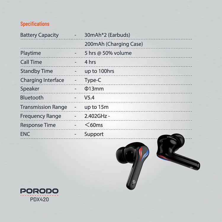Porodo Gaming Ultra Low-Latency Gaming Earbuds, 5h Playtime, Bluetooth 5.4, ENC Support, RGB Breathing Lights, 200mAh Battery Capacity, 1000h Standby Time, Type-C Charging - Black  