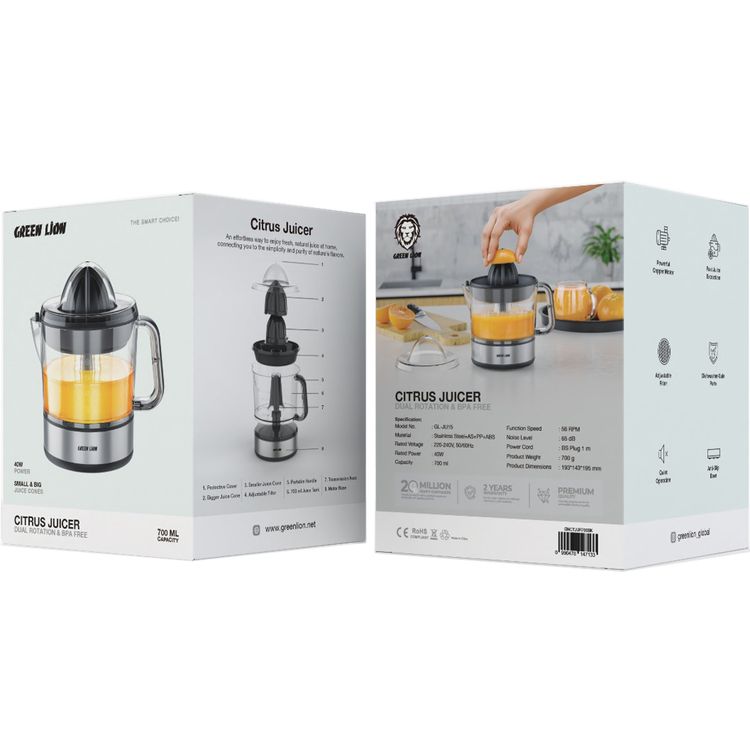 Green Lion Dual Rotation Citrus Juicer with Adjustable Filter, Small and Large Juice Cones, 700mL Capacity, Stainless Steel + AS + PP & ABS Material - Black