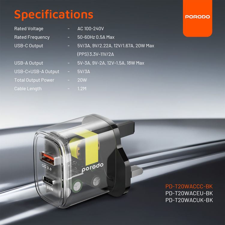 Porodo Dual Output Transparent Quick Charger with USB-C to USB-C Cable, 20W Power Delivery, Simultaneous Charging, 18W USB-A Output, 0%-60% Charge in 35 Minutes, Overheat Protection - Black