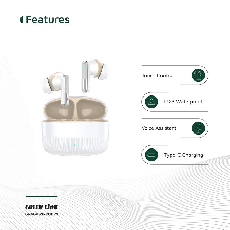 Green Lion Vancouver True Wireless Earbuds with Dual Microphones, 200mAh Charging Case & 25mAh Earbuds Battery, Up to 4 Hours Play Time, Bluetooth Version 6.0, 12m Transmission Range - White