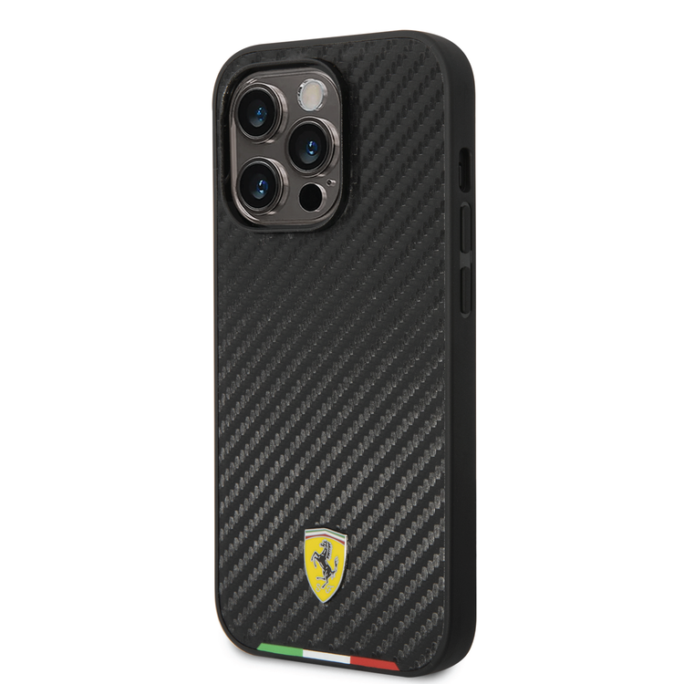 CG Ferrari Magsafe Compatibility Hard PU Smooth Case with Italian Flag Line & Metal Logo iPhone 14 Pro Compatibility - Black