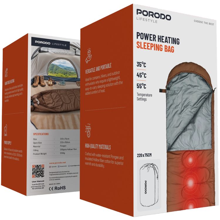 Porodo Lifestyle Camping Sleeping Bag with Heat Function, 35°C, 45°C, 55°C Temperature Settings, 4-6 Hours Working Time Using a 10000mAh Power Bank, Versatile and Portable, High Quality Material - Brown