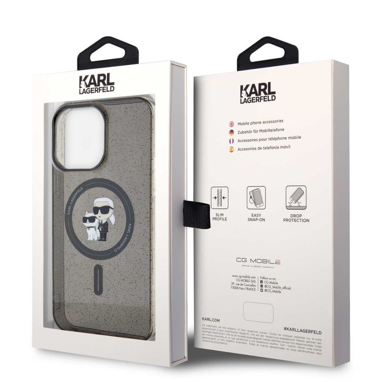 Karl Lagerfeld Magsafe IML with Karl & Choupette Heads Glitter Case - Black - iPhone 15 Pro Max