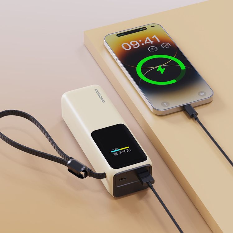 Porodo 20000mAh Power Bank with Smart TFT Display, USB-C & USB-A Ports, Built-in Safeguards, 100W Power Delivery, Fast Charge, 15W Total Output, Built-in USB-C Cable - Beige