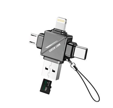 Green Lion 4-in-1 TF Card Reader with Supports Micro SD Cards, Plug & Play, Keychain Lanyard, Universal Compatibility, 480Mbps Transfer Speed - Gray