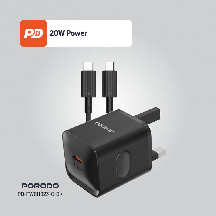 شاحن حائط Porodo USB-C Power Delivery مع كابل USB-C إلى USB-C، بطول 1.2 متر، PD 20W، قابس المملكة المتحدة، حماية من الحرارة الزائدة، رفيق موثوق، شحن متزامن - أسود