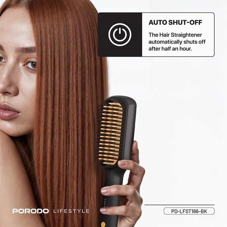 Porodo Lifestyle Electric Heated Hair Straightener Brush with 5 Temperature Settings, 30W Rated Power, 30 Seconds Fast Heating Time, 70% Frizz Reduction, Auto Shut-Off - Black