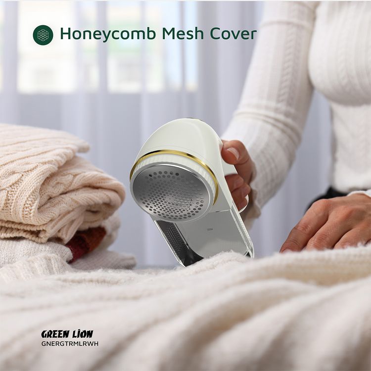 Green Lion Ergotrim Digital Fabric Remover with 3-Gear Speed Control, Up to 3 Hours Working Time, 110mL Lint Bin Capacity, 6-Leaf Blade, Honeycomb Mesh Cover, Ergonomic Handle, Safety Protection - White