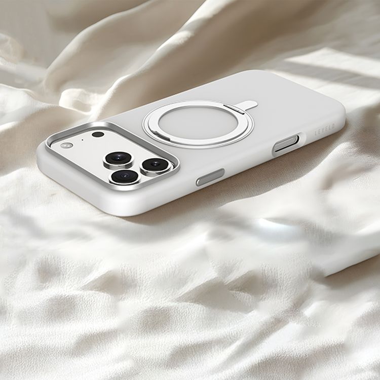 Levelo Iris Pro MagSafe Liquid Silicone Case with Built-in 360° Kickstand for iPhone 17 Pro, Metal Accents, Shock-Resistant Bumper, Aluminum Alloy Frame for Camera & Buttons, Drop-Tested, Strong Magnets, Premium Silicone Grip - Silver