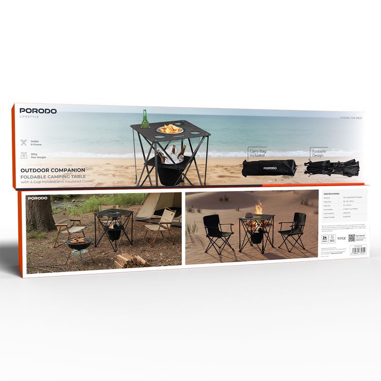 Porodo Outdoor Companion Foldable Camping Table with 4 Cup Holders & Insulated Cooler, Up to 20kg Load Capacity, PE Coated 600D Polyester Material, Stable X-Frame, Integrated Food Basket - Black