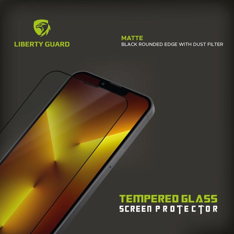Liberty Guard Matte Full Cover Rounded Edge Screen Protector for iPhone 13 Pro Max with Dust Filter, Anti Shock & Anti Impact - Black