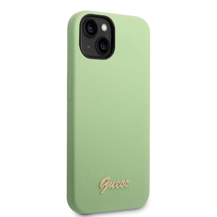 Guess Liquid Silicone Case With PC Camera Outline & Script Metal Logo - iPhone 14 - Green