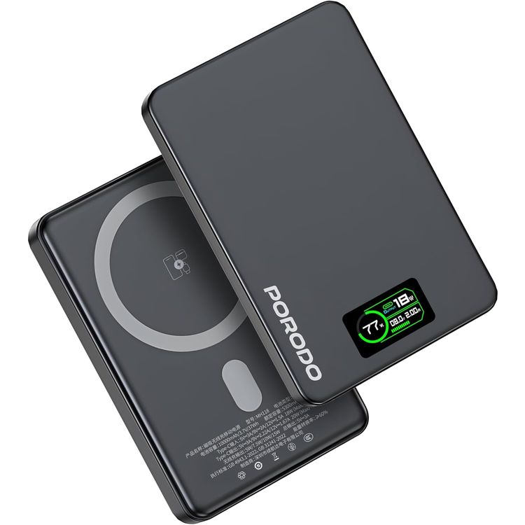 Porodo 10000mAh Power Bank with Real-Time TFT Smart Display, Type-C Input & Output, 20W PD Fast Charging, 15W Wireless Charging, Compatible with MagSafe, Smart Temperature Control - Dark Gray