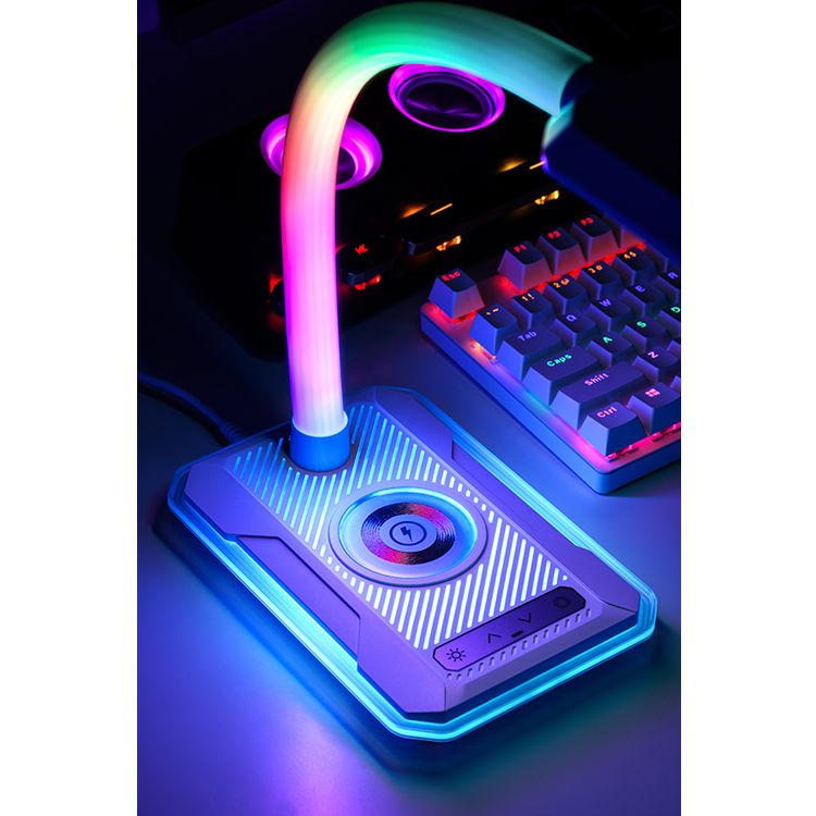 Porodo Gaming E-Sports Desk Lamp with Charging Base, Viewing Angle Adjustment, Colorful Light Adjustment, Brightness Levels, Plug & Play, 10W Max Wireless Output - White