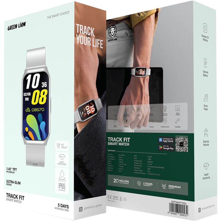 Green Lion Track Fit Smart Watch with 1.45" TFT IPS Display, Bluetooth Version 5.2, Magnetic Charging Type, 2-3 Hours Charging Time, 3-5 Days Working Time, 170 × 320 Pixels Resolution, IP65 Water Resistance Level, Exercise Records, Health Monitoring, Sport Modes, Flashlight, BT Calls - Silver