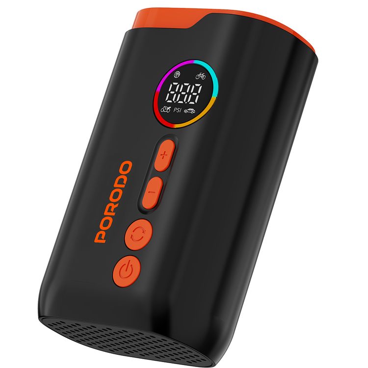 Porodo Electric Air Inflator with 150PSI High-Pressure Power, 4 Inflation Mode, 30cm Cable Length, USB-C Charging Cable, Up to 5 Hours Charging Time, Detects Air Pressure - Black