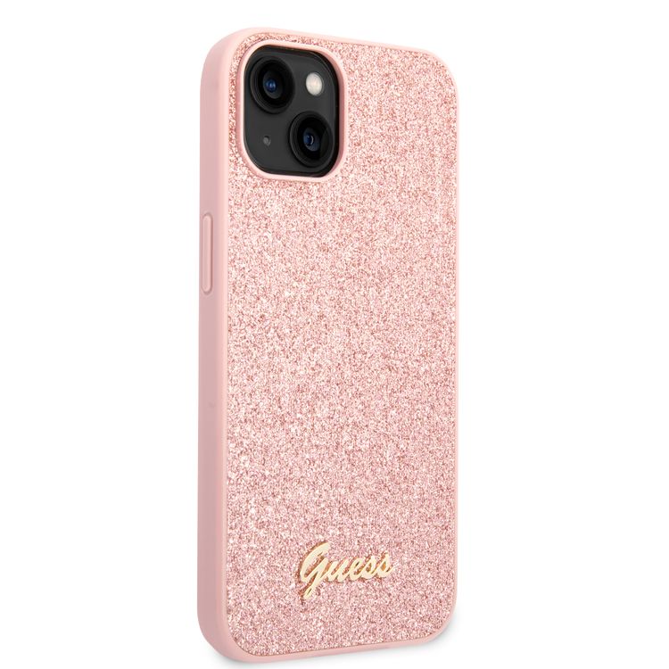 Guess PC/TPU Glitter Flakes Case with Script Metal Logo iPhone 14 Compatibility - Pink