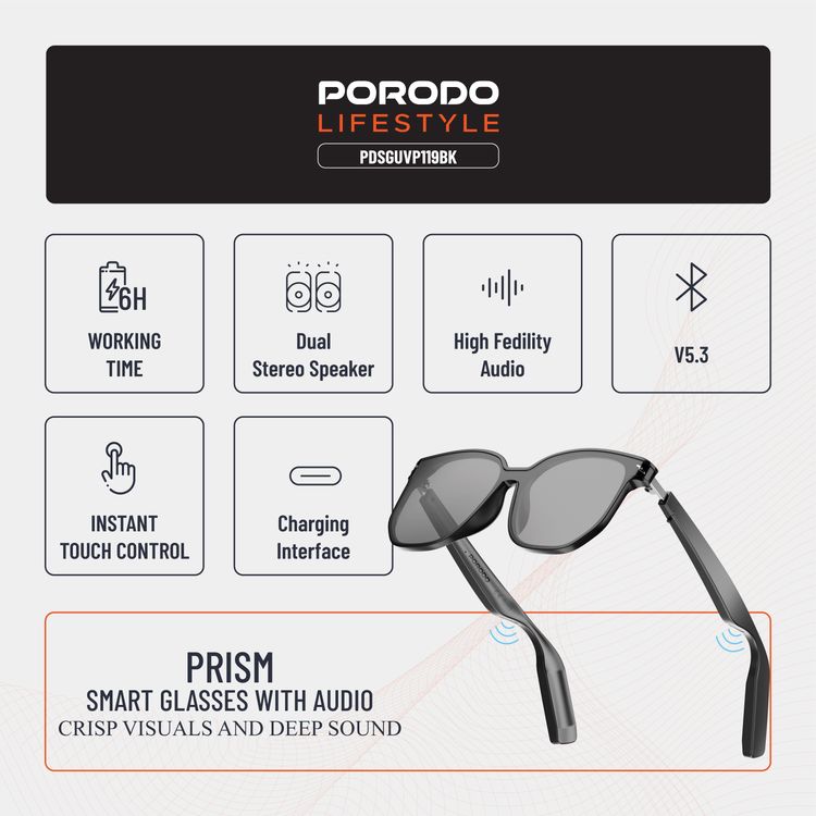 Porodo Lifestyle Optix Smart Glasses with Audio, Built-in Microphone, 6 Hours Playtime, Type-C Charging Interface, UV400 Protection, Bluetooth Version 5.3, 10m Transmission Range, 2x 110mAh Battery Capacity, Touch Control, Dual Stereo Speakers, Hi-Fi Sound Quality - Black