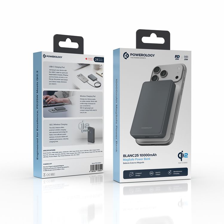 Powerology 10000mAh Blanc 25 MagSafe Power Bank with Compact Design, Simultaneous Charging, USB-C Charging Port , 30cm USB-C Cable, Wireless Charging Pad - Gray