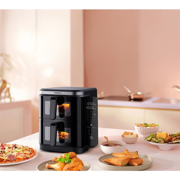 Porodo Lifestyle Double Stack Air Fryer, 11L Capacity, 2800W Power, 220-240V Voltage, 50-60Hz Frequency, 12 Presets, Touch Control - Black