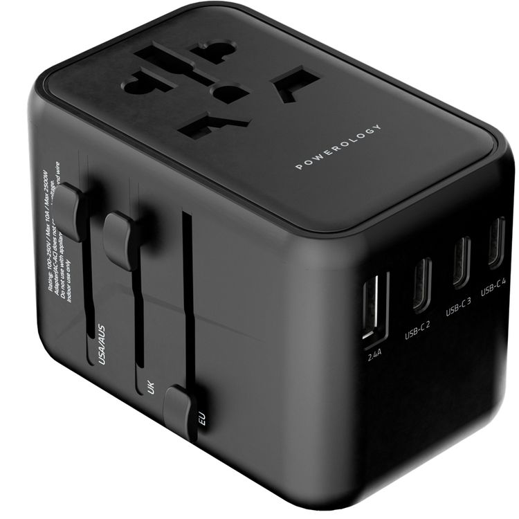Powerology Universal Multi-Port Travel Adapter with 65W Power Delivery, Dual 10A Fuses, 12W USB-A Output, Laptop Charging Compatibility, Universal Plugs - Gray
