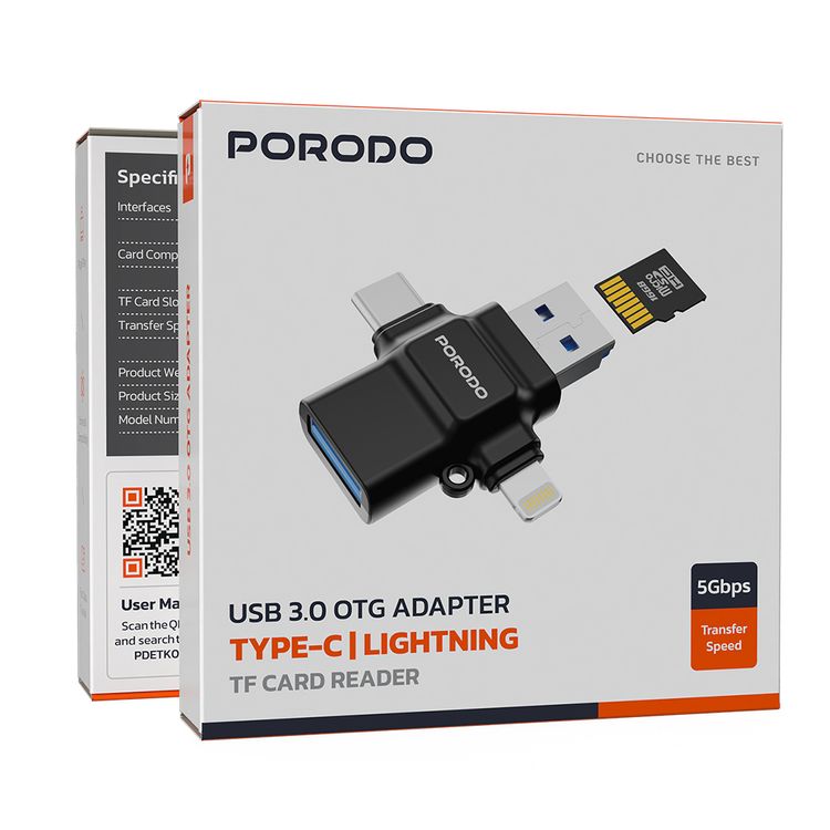 محول بورودو USB 3.0 OTG 4 في 1 مع موصلات Type-C وLightning، وقارئ بطاقات TF، ونقل بيانات سريع، وتوصيل وتشغيل، وتوافق عالمي، وMicro SD، وMicro SDHC، وMicro SDXC، وتوافق مع بطاقات TF - أسود