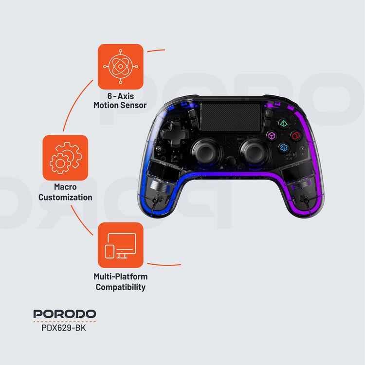 وحدة تحكم شفافة من Porodo Gaming PS4، PS4، PS3، PC (مدخل D، مدخل X)، متوافقة مع iOS وAndroid، مقبس صوت TRRS مقاس 3.5 مم، منفذ شحن من النوع C، وقت عمل من 6 إلى 16 ساعة - أسود