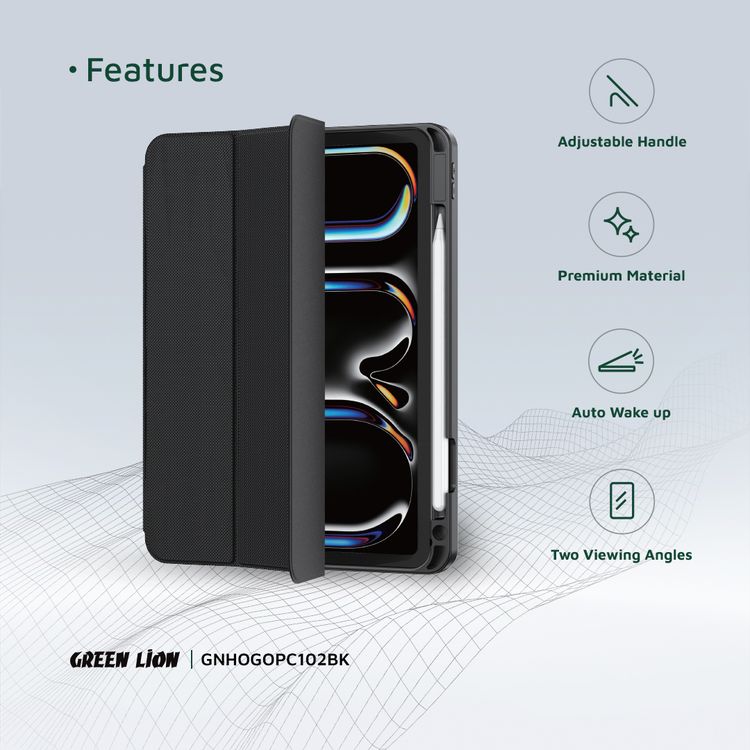 Green Lion Hogo Premium Case with Pencil Holder for iPad 10.2", Stable Trifold Stand, Full Body Drop Protection, Soft TPU Easy Install & Remove, Effective Shockproof - Black