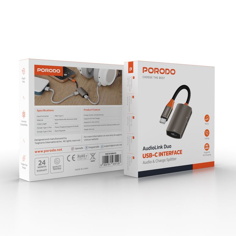 Porodo AudioLink Duo USB-C Interface Splitter, 9cm Cable Length, Braided Nylon with Aluminum Shell Material, 60W Power Delivery, Charge & Listen Simultaneously, Tangle-Free Design, Plug & Play - Black / Orange