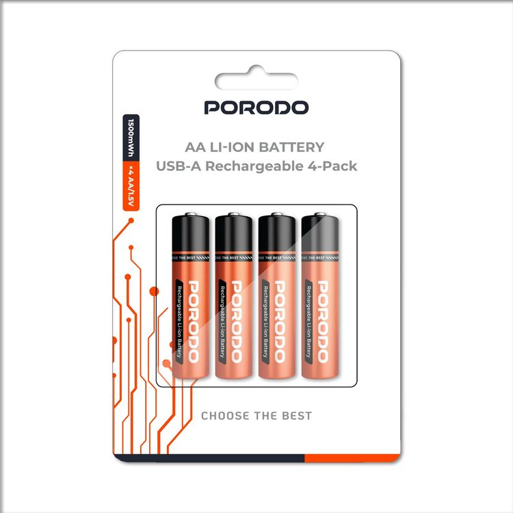 Porodo Rechargeable Battery 4-in-1 AA Li-ion with USB-A Charging Port, -20°C to +60°C Operating Temperature, 1500mWh Capacity, 1.5V Rated Voltage, 2.5 Hours Charging Time - Orange