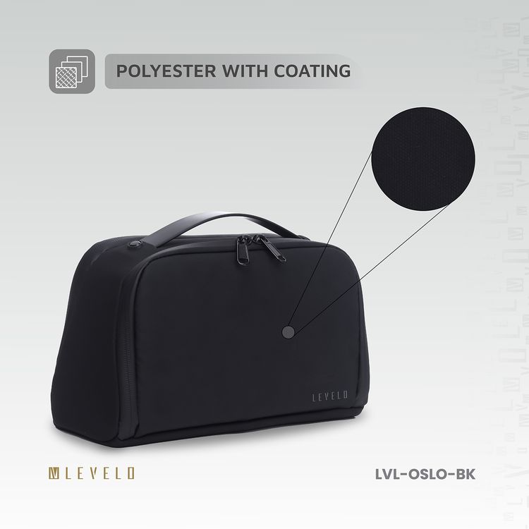Levelo Oslo Pouch & Toiletry Bag with Exquisite Safeguarding, Polyester with Coating, Lightweight Design, Water Resistant, Ample Space - Black