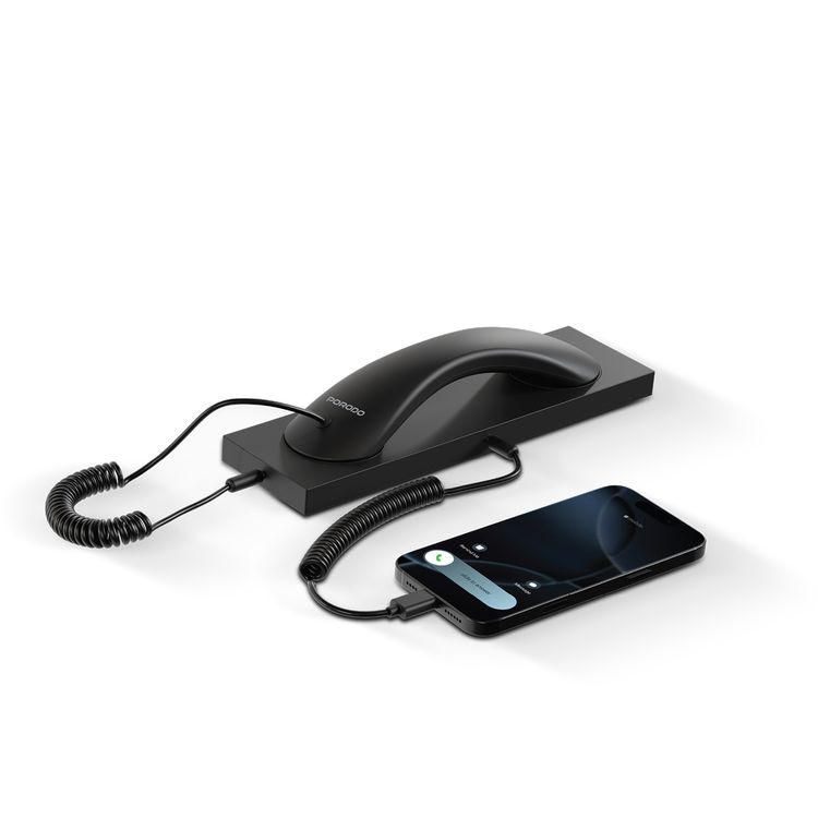 Porodo Classic Retro Phone Handset with Noise Cancelling Mic, 1m Coiled Cable, Universal USB-C Connector, 2.8mm Cable Diameter, Durable ABS Material, Ergonomic Grip Desing, 28mm Speaker Diameter - Black