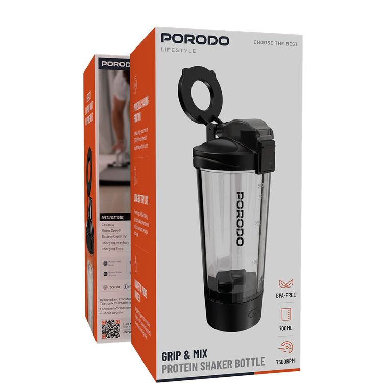Porodo Lifestyle Grip & Mix Protein Shaker Bottle with Magnetic Phone Holder, 700mL Capacity, Powerful Shaking Function, Long Battery Life, BPA-Free, 7500 RPM Motor Speed, 600mAh Battery Capacity - Black