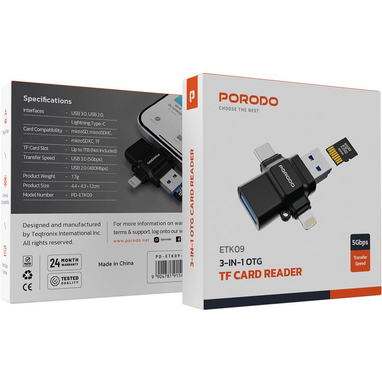 محول بورودو USB 3.0 OTG 4 في 1 مع موصلات Type-C وLightning، وقارئ بطاقات TF، ونقل بيانات سريع، وتوصيل وتشغيل، وتوافق عالمي، وMicro SD، وMicro SDHC، وMicro SDXC، وتوافق مع بطاقات TF - أسود