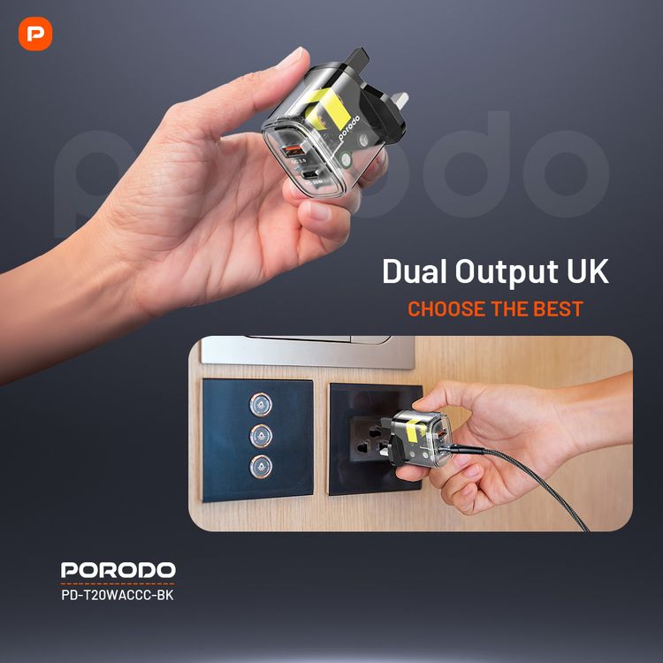 Porodo مخرج مزدوج شفاف شاحن سريع USB-C PD وUSB-A QC مع كابل USB-C إلى USB-C 1.2 متر المملكة المتحدة