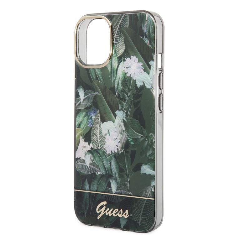 Guess PC/TPU IML Case with Double Layer Electroplated Camera Outline & Jungle Design iPhone 14 Compatibility - Green