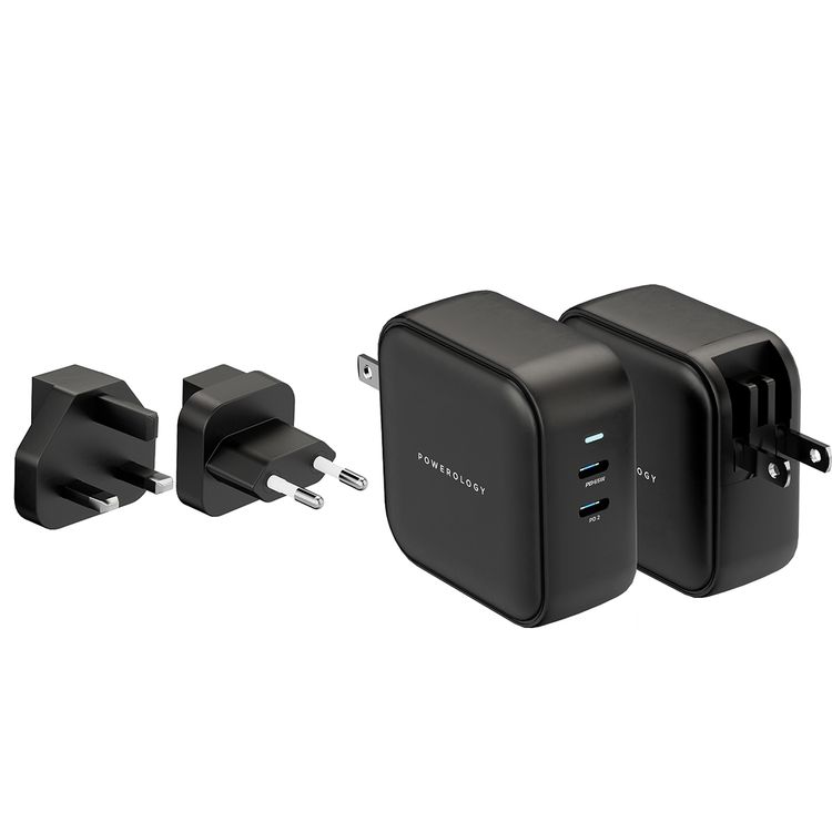 Powerology 65W Dual PD GaN Charger with Built-in US Adapter, 30W USB-C1/2 Sharing Output, UK 3-Pin & EU 2-Pin Plugs, MacBook Charging Compatibility - Black