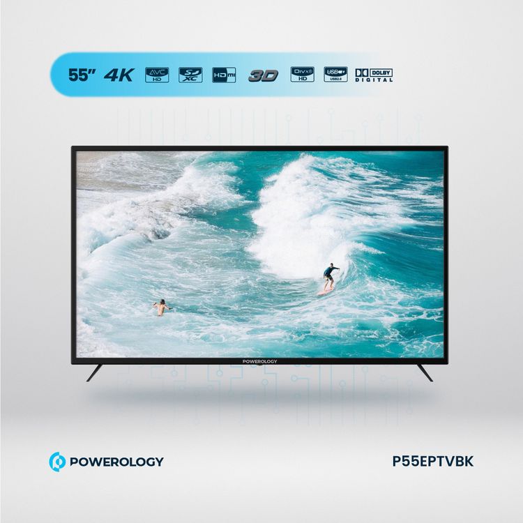Powerology 4K Break-Proof Android TV 55", Bluetooth 5.0, 150W, Quad-Core ARM Cortex-A53 CPU, UK 3-Pin Plug, x3 HDMI, x1 VGA, x1 Coaxial - Black
