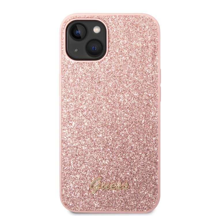 Guess PC/TPU Glitter Flakes Case with Script Metal Logo iPhone 14 Plus Compatibility - Pink